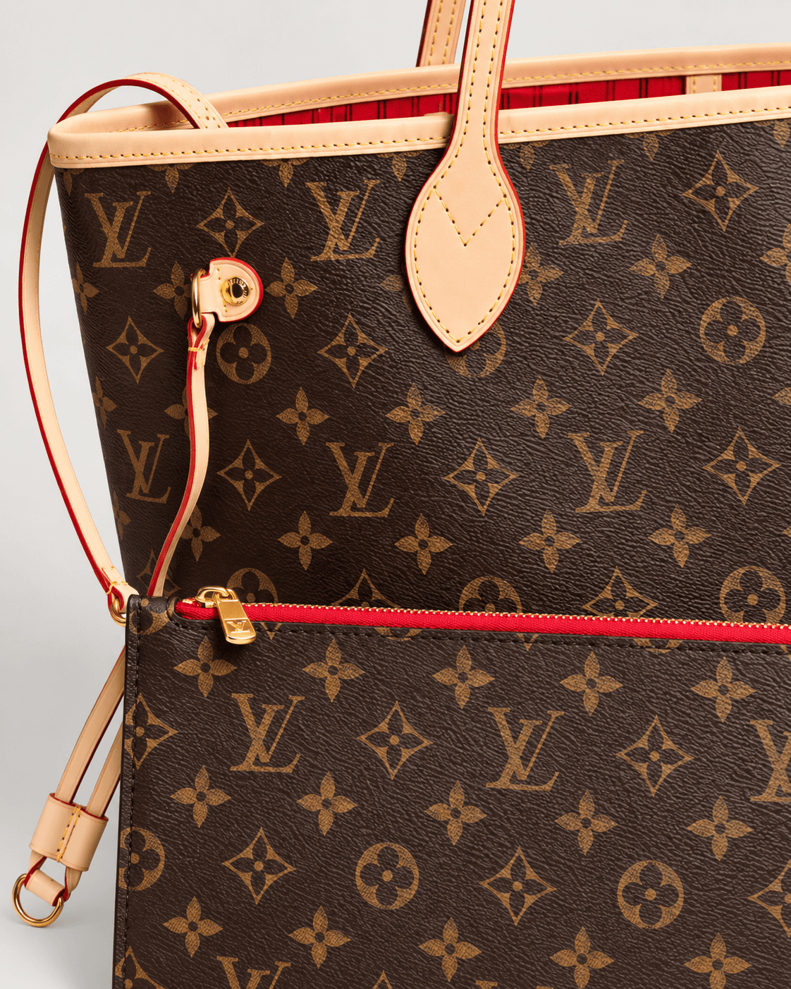 Louis Vuitton Tote Neverfull + Pouch en color marrón, detalle