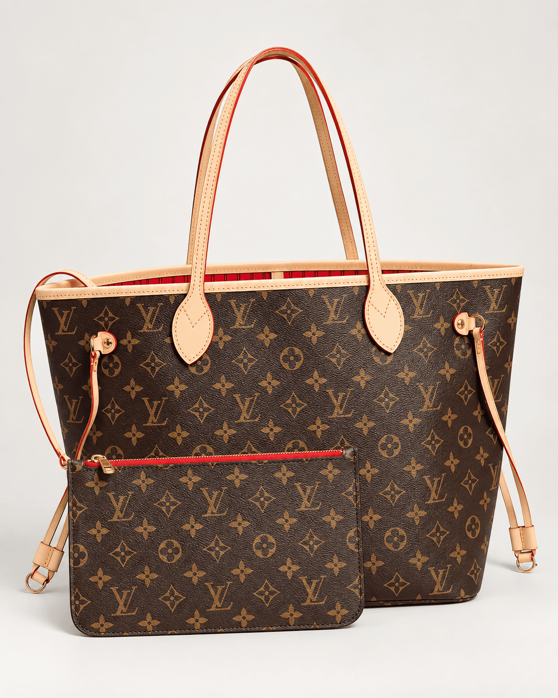 Louis Vuitton Tote Neverfull + Pouch marrón, vista frontal